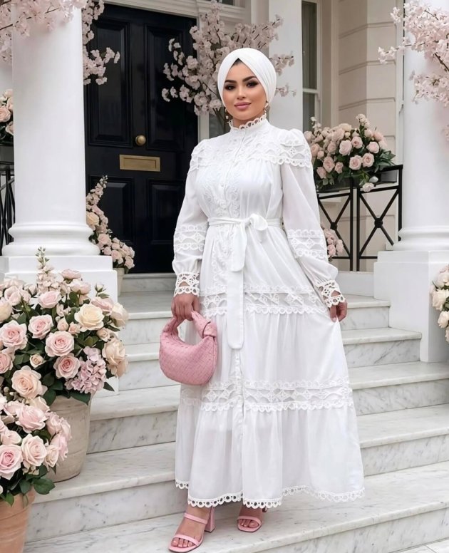 Beyaz Fransız dantel elbise, zarif dantel işlemeli şık kadın elbise modeli
