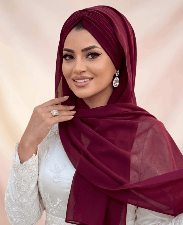 Bordo Dolgulu Drapeli Şallı Bone, şık ve modern tesettür bone tasarımı