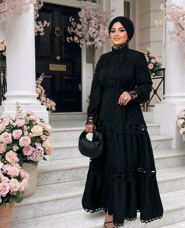 Siyah ithal dantel elbise modeli, zarif ve şık kadın abiye elbise