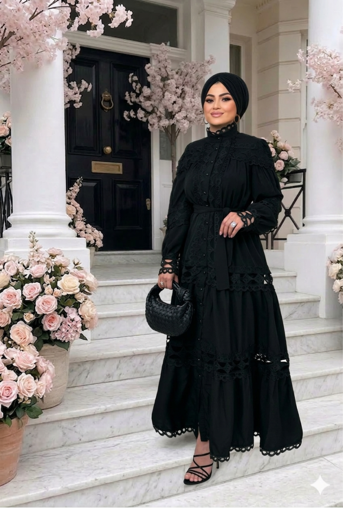 Siyah ithal dantel elbise modeli, zarif ve şık kadın abiye elbise