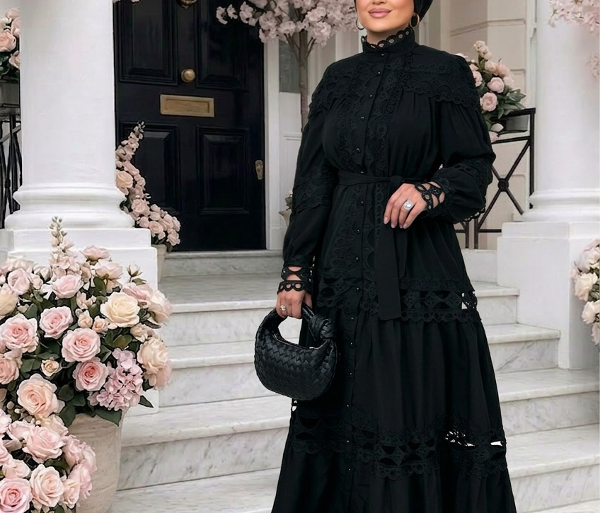 Siyah ithal dantel elbise modeli, zarif ve şık kadın abiye elbise