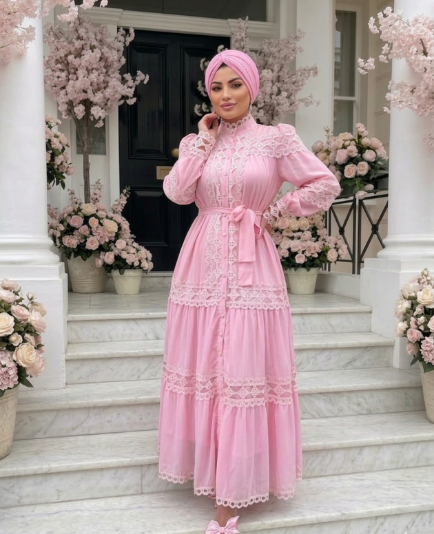 Şeker pembe ithal elbise, zarif ve şık kadın elbise modeli