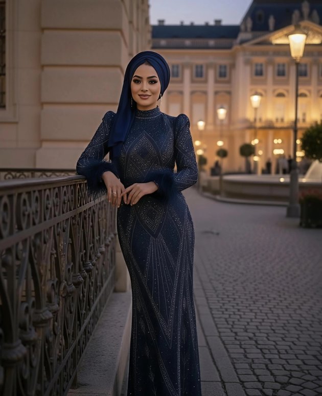 Lacivert Taş İşlemeli Abiye