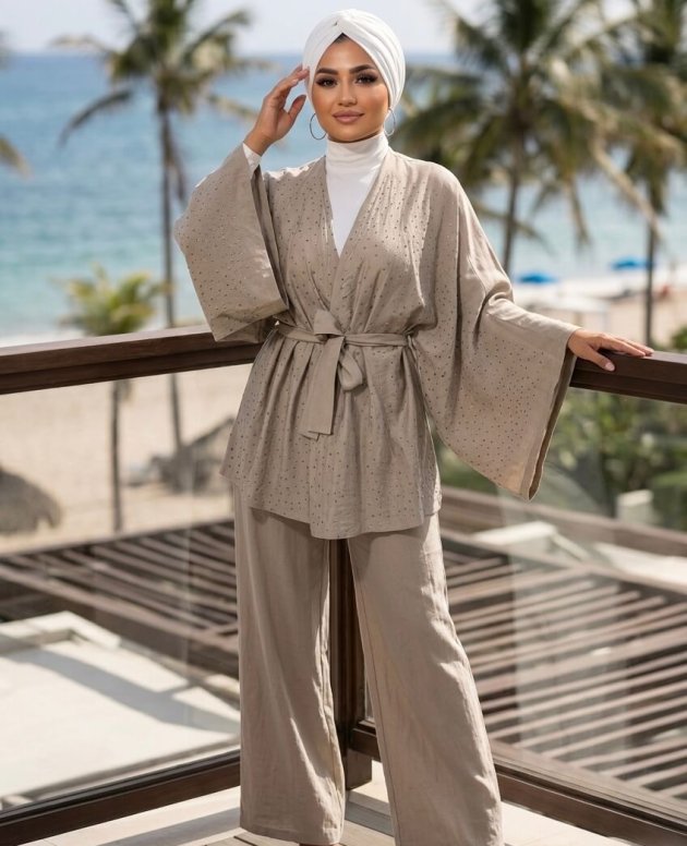 Bej taşlı kimono tasarımlı Lita takım kadın giyim ürünü