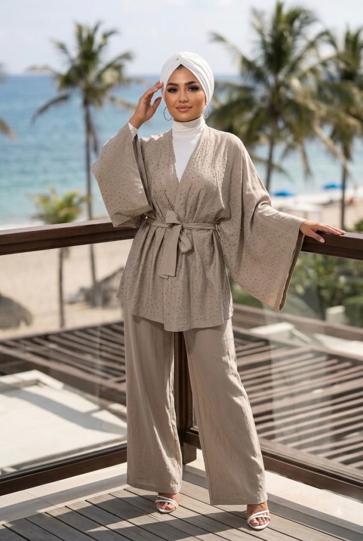 Bej taşlı kimono tasarımlı Lita takım kadın giyim ürünü