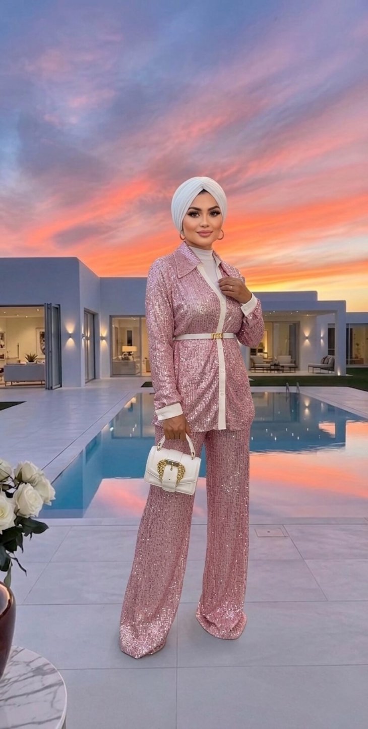 Pembe Taşlı Takım şık pantolon gömlek kombin