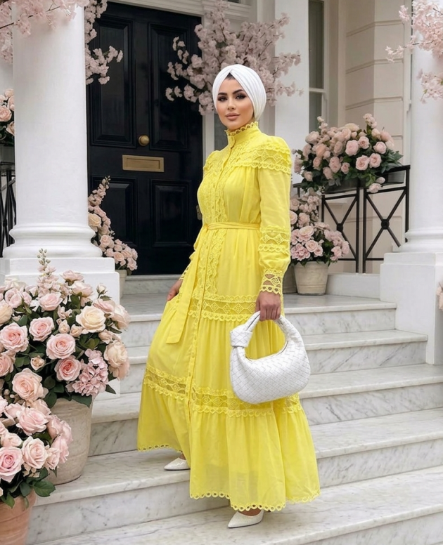 Sarı dantel ithal elbise, zarif dantel detaylı şık kadın elbise modeli