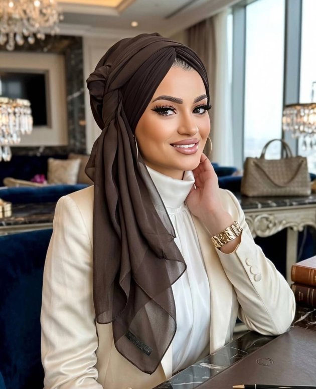 Acı Kahve Dolgulu Drapeli Şallı Bone modeli, modern ve şık tesettür bone tasarımı