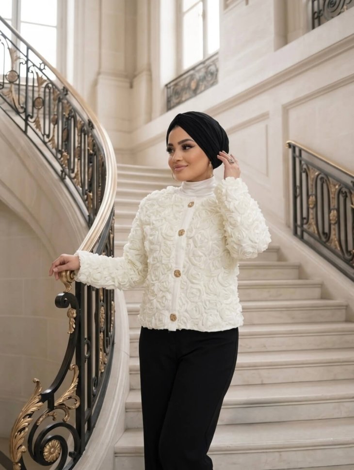 Güllü beyaz ceket model, zarif gül detaylı modern kadın ceket tasarımı