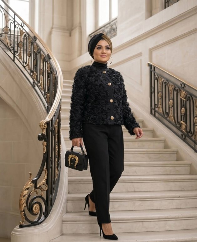 Güllü Siyah Ceket model, zarif gül detaylı modern kadın ceket tasarımı