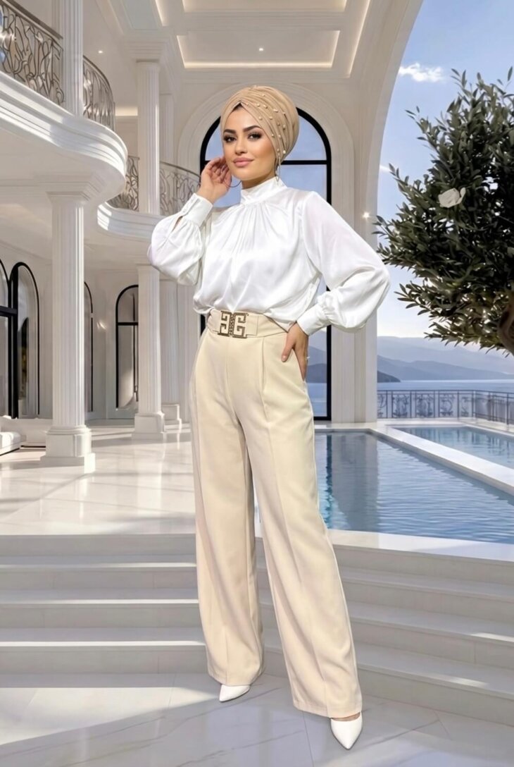 Bej Kemerli Pantolon yüksek bel tasarımı ve kendi kumaşından kemeriyle şık ve modern kadın pantolonu.