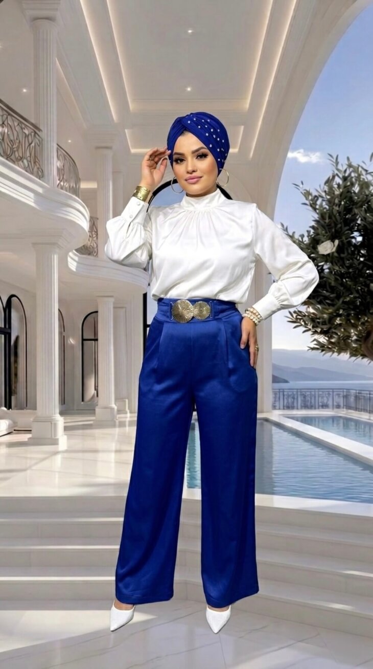 Saks Mavisi Kemerli Pantolon yüksek bel tasarımı, kemer detayı ve modern kesimiyle şık bir görünüm sunar.