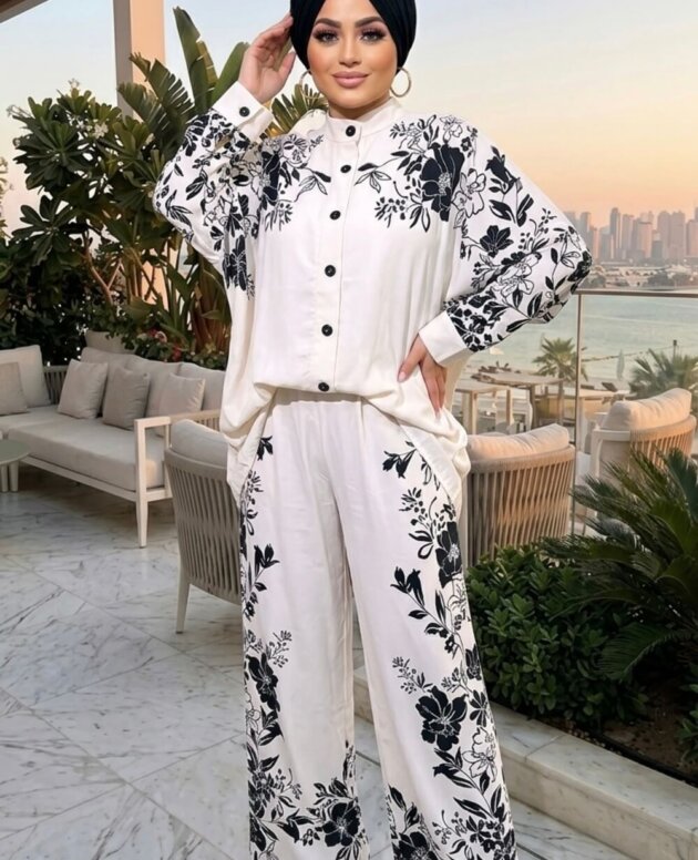 İthal Beyaz Siyah Çiçekli Takım kadın takım modeli