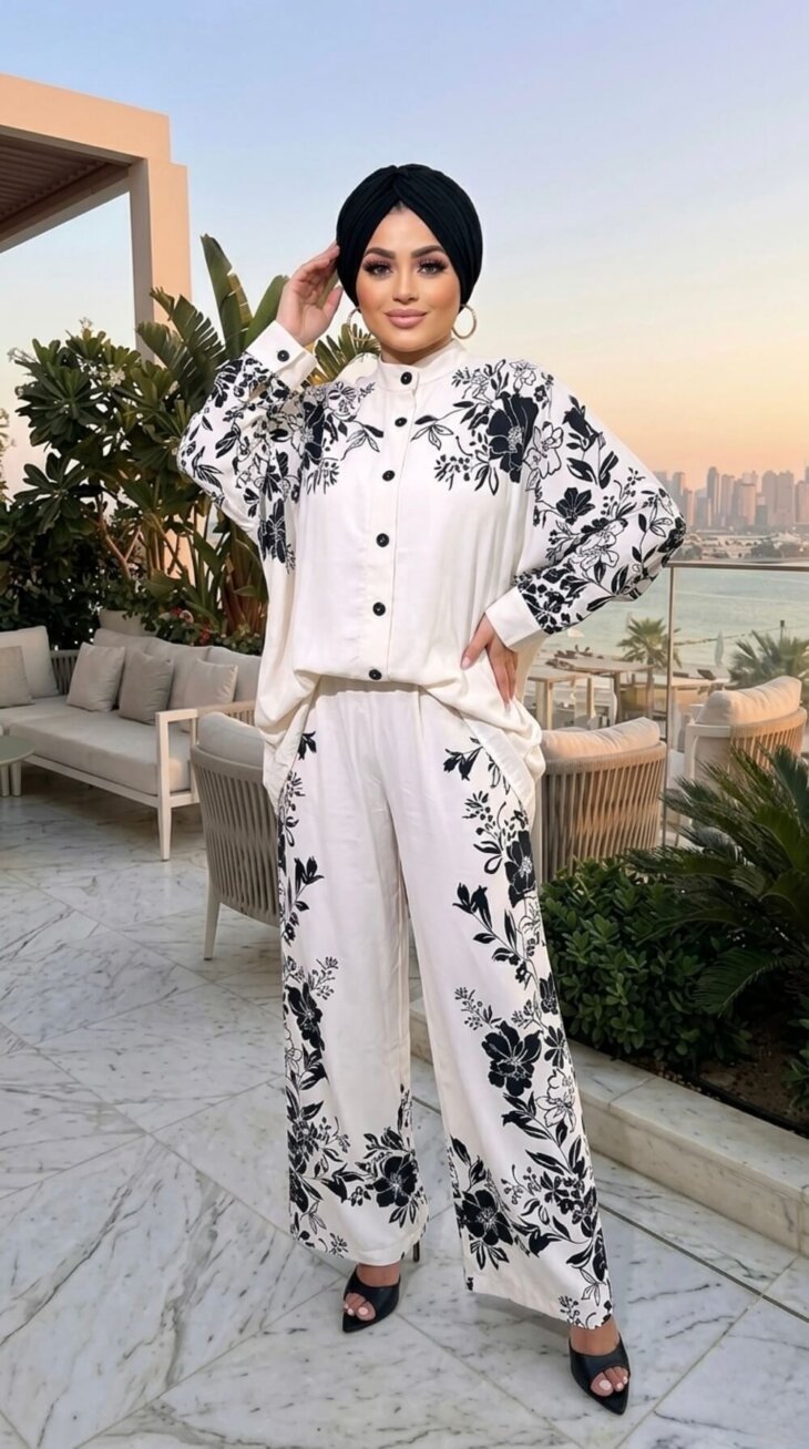 İthal Beyaz Siyah Çiçekli Takım kadın takım modeli