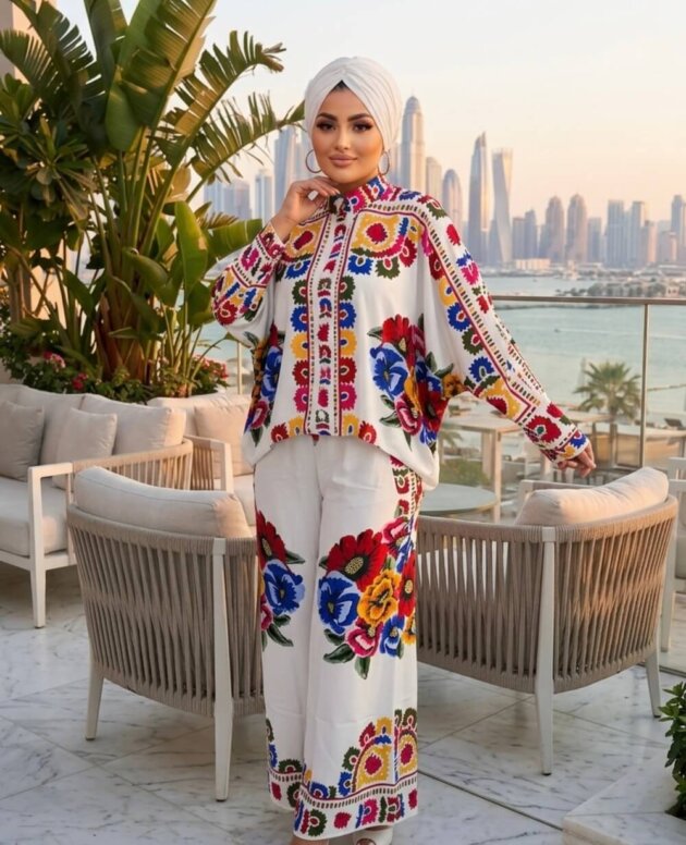 İthal Renkli Çiçekli Takım renkli çiçek desenli şık kadın takım modeli
