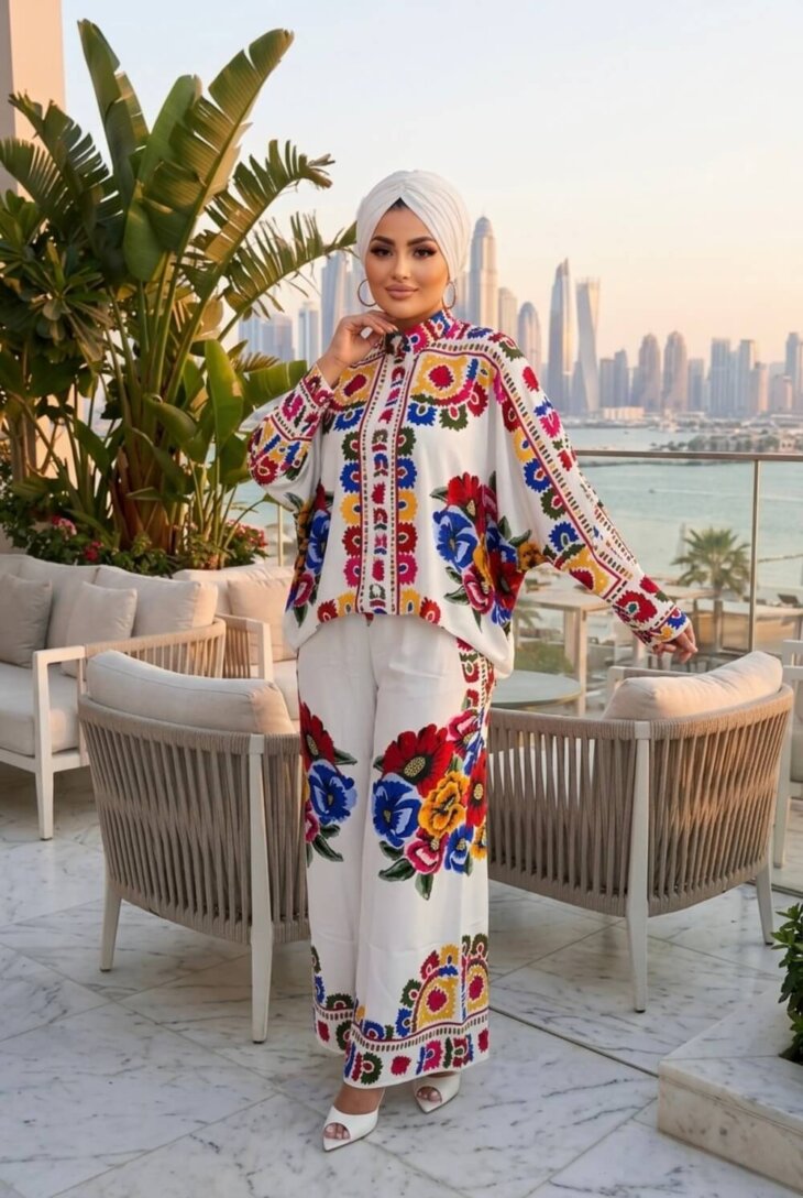 İthal Renkli Çiçekli Takım renkli çiçek desenli şık kadın takım modeli