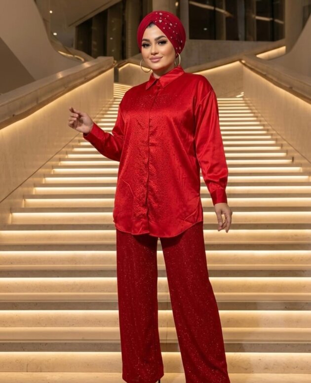 Kırmızı Simli Pantolon şık sim detaylı rahat kesim kadın pantolon modeli.