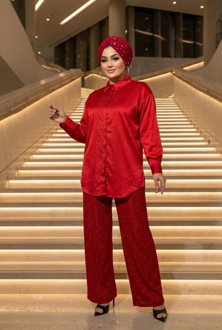 Kırmızı Simli Pantolon şık sim detaylı rahat kesim kadın pantolon modeli.