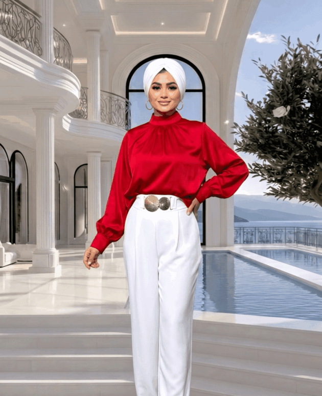 Lidya Kırmızı Gömlek ithal keten kumaşlı rahat kesim şık kadın gömlek modeli