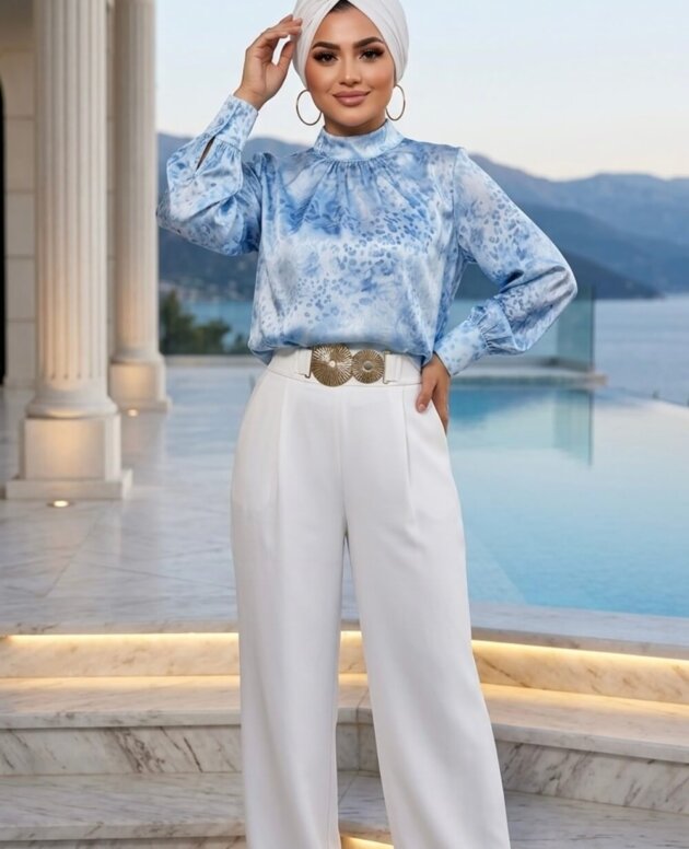 Lidya Mavi Desenli Gömlek modern ve rahat kadın gömlek modeli