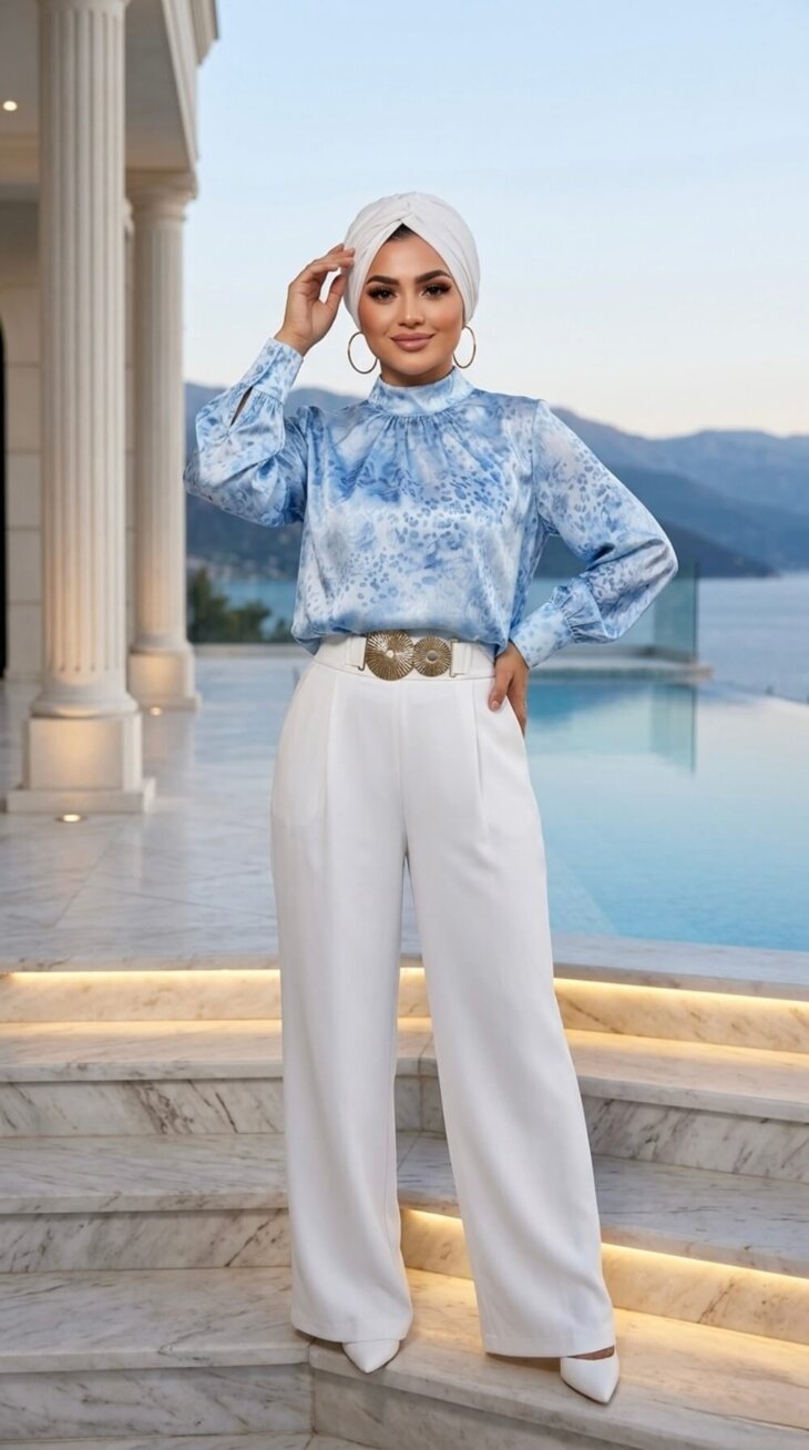Lidya Mavi Desenli Gömlek modern ve rahat kadın gömlek modeli