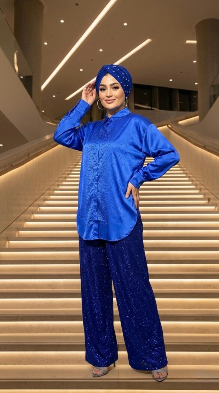 Mavi Simli Pantolon şık kesimi ve zarif sim detaylarıyla modern kadın giyim pantolon modeli.